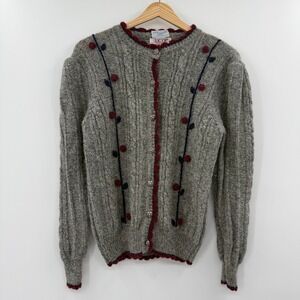 Skyr Sportswear Vintage‎ Gray Cable Knit Cardigan Wool Shetland Pom Pom Detail